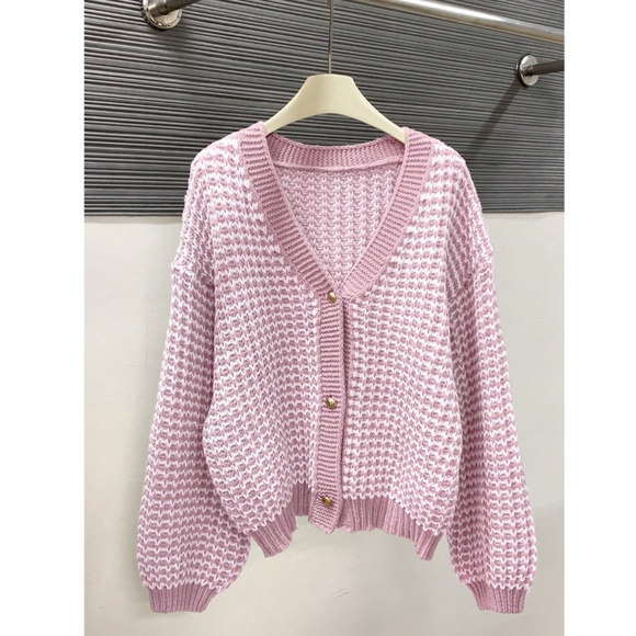 Pink White Button Down V-Neck Cardigan Long Sleeve - Picture 2 of 6